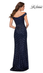 La Femme Navy Blue Sequin-Striped Long Prom Dress