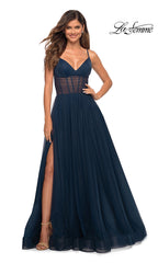Sheer-Waist Long A-Line Prom Dress by La Femme