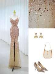 Romantic Mermaid Spaghetti Strap Gold Sequin With Slit Formal Dress Long Prom Dresses N2850