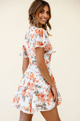 Cami Angel Sleeve Faux Wrap Dress Rose Print Orange
