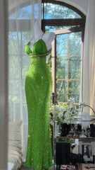 Modest Prom Dresses Mermaid Halter Green Sleeveless Sequin With Beading Long Evening Outfits N3567