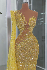 Gorgeous Sequined One Long Sleeve Evening Dresses Luxury O-Neck O-Neck Floor Length Mermaid Prom Dress AB1663