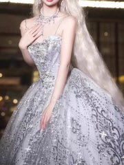 Glittery Ball Gown Spaghetti Straps Silver Gray Sequins Prom Dresses Inspiration Long Night Outfits 18th Birthday Outfits AB2228