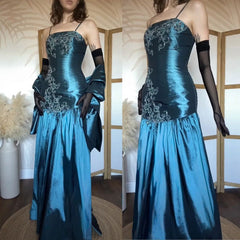 Vintage Mermaid Spaghetti Straps Teal With Ruffled Cape Satin Long Evening Prom Dresses N1794
