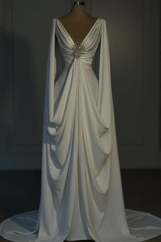 Modest Mermaid V Neck White Satin With Beaded Long Formal Prom Evening Dress Dinner Outfits Party Gowns AB2078
