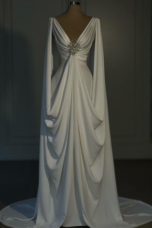 Modest Mermaid V Neck White Satin With Beaded Long Formal Prom Evening Dress Dinner Outfits Party Gowns AB2078