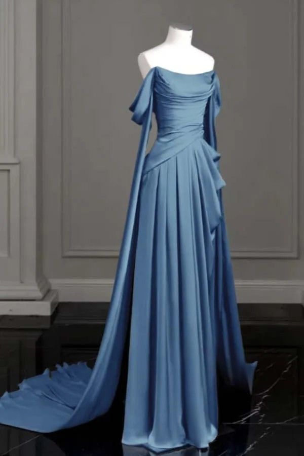 Purple Evening Dresses Off-The-Shoulder Pleated Long Prom Gowns With Trailing On Both Sides Ruffles N1873