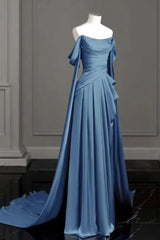 Purple Evening Dresses Off-The-Shoulder Pleated Long Prom Gowns With Trailing On Both Sides Ruffles N1873
