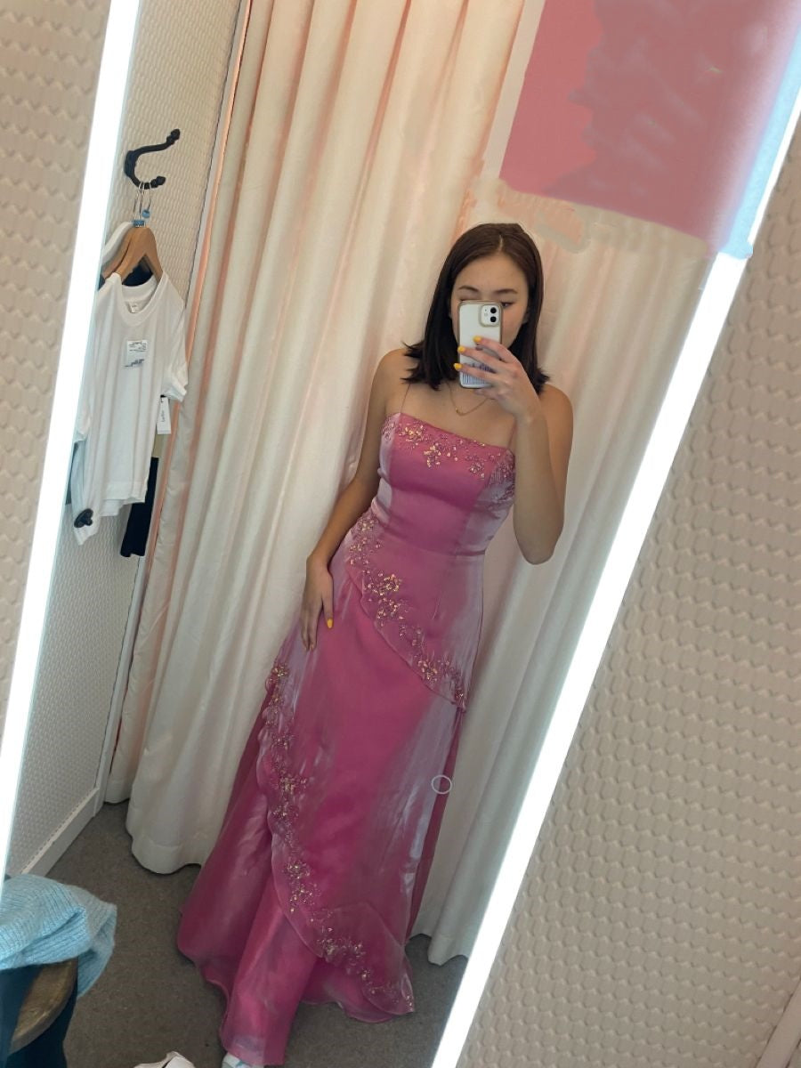 Vintage A Line Spaghetti Strap Pink Organza With Beading Sleeveless Long Formal Dress Evening Gown Prom Dresses N2560