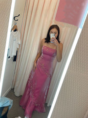 Vintage A Line Spaghetti Strap Pink Organza With Beading Sleeveless Long Formal Dress Evening Gown Prom Dresses N2560