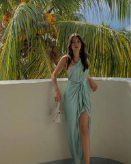 Simple Satin Mermaid One Shoulder Green Slit Long Evening Prom Dresses Prom Dress AB1857