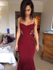 Mermaid Burgundy Spaghetti Straps Beaded Long Evening Prom Dresses Formal Dresses AB1853