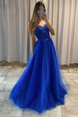 Royal Blue A Line Beaded Lace Applique Long Tulle Evening Dresses Formal Dress AB1827