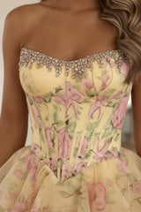 Yellow Strapless Chiffon A-Line Long Prom Dress with Floral N1505