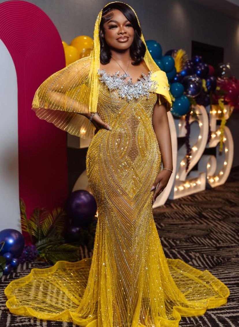 Modest Mermaid Strapless Yellow Sequins Prom Dresses Black Women Inspiration Long Party Night Evening Dress 18th Birthday Outfits AB2357