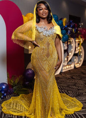 Modest Mermaid Strapless Yellow Sequins Prom Dresses Black Women Inspiration Long Party Night Evening Dress 18th Birthday Outfits AB2357