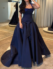 Chic Ball Gown Halter Navy Blue Satin Long/Floor-Length Satin Prom Dresses AB1837