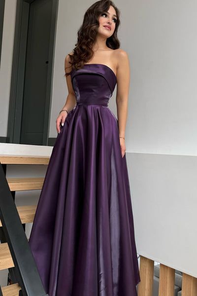 Glamorous Purple Strapless Sleeveless A-Line Prom Dresses Long Lace-Up Back With Pleats Formal Gowns AB1926