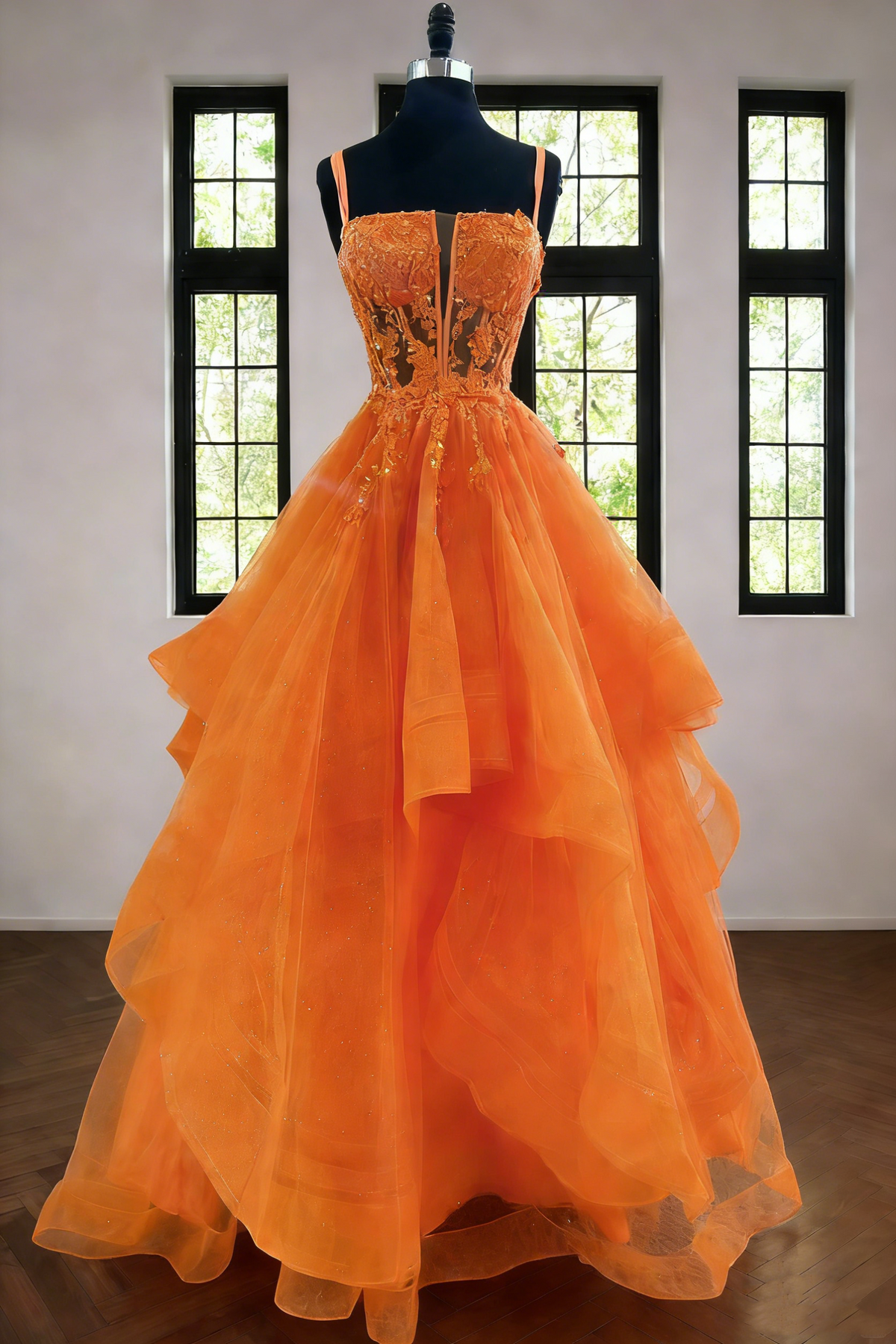 Chic Ball Gown Spaghetti Strap Orange Tulle Lace Long Formal Fancy Prom Evening Dress Dinner Outfits Party Gowns For Teens AB2182