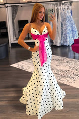 Charming Spaghetti Straps Polka Dots Mermaid Formal Prom Dresses With Bow Birthday Outfits AB2310