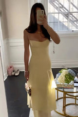Charming Mermaid Spaghetti Straps Yellow Long Prom Dress with Ruffles Birthday Outfits AB2309