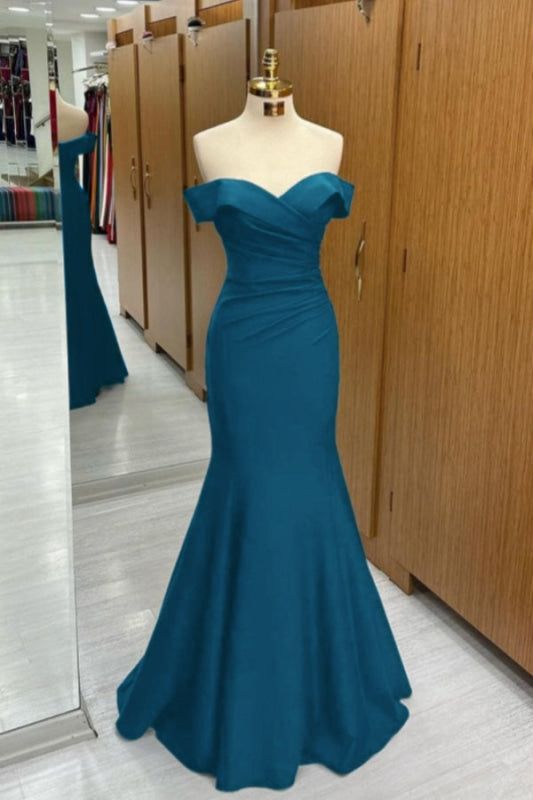 Navy Blue Off-the-shoulder Sweetheart Short Sleeves Long Mermaid Prom Dress Birthday Outfits AB2390