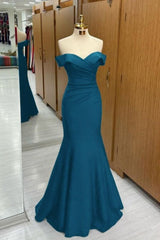 Navy Blue Off-the-shoulder Sweetheart Short Sleeves Long Mermaid Prom Dress Birthday Outfits AB2390