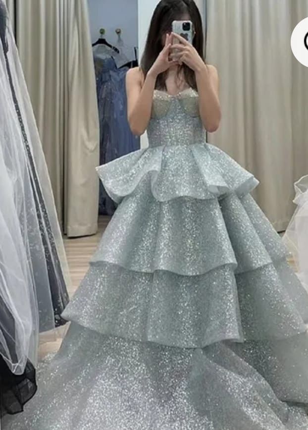 Chic Ball Gown Sweetheart Light Sky Blue Sequins Long Formal Fancy Prom Evening Dress Dinner Outfits Party Gowns For Teens AB2180