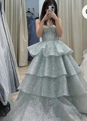 Chic Ball Gown Sweetheart Light Sky Blue Sequins Long Formal Fancy Prom Evening Dress Dinner Outfits Party Gowns For Teens AB2180