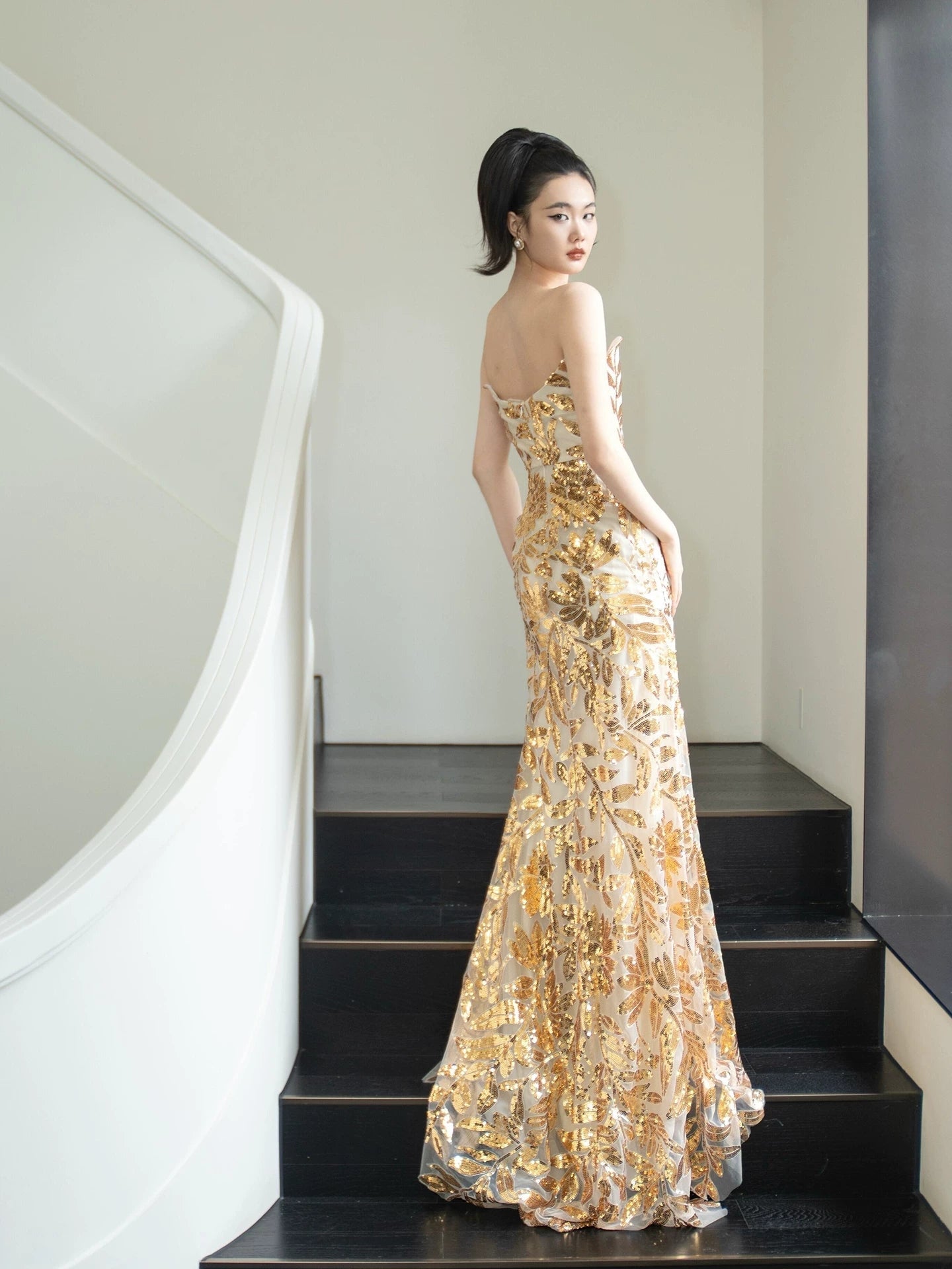 Glitter Mermaid Strapless Gold Sleeveless Prom Dresses Inspiration Long Night Outfits 18th Birthday Outfits AB2220
