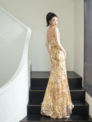 Glitter Mermaid Strapless Gold Sleeveless Prom Dresses Inspiration Long Night Outfits 18th Birthday Outfits AB2220