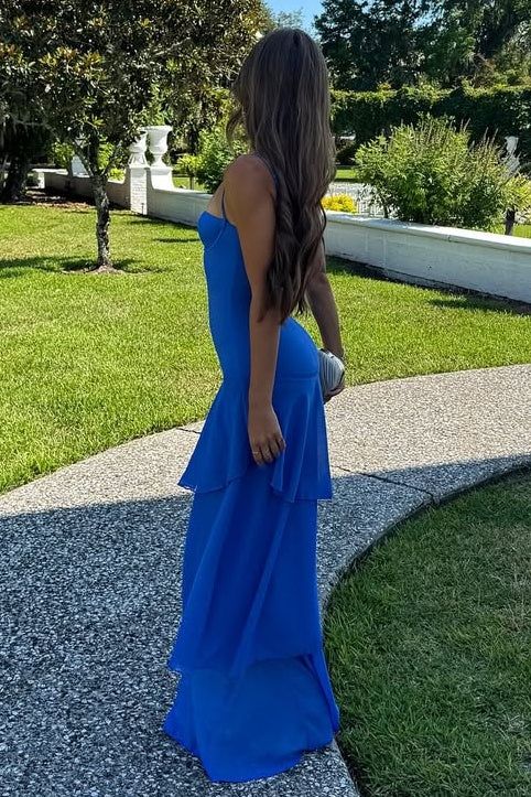 Charming Mermaid Spaghetti Straps Yellow Long Prom Dress with Ruffles Birthday Outfits AB2309