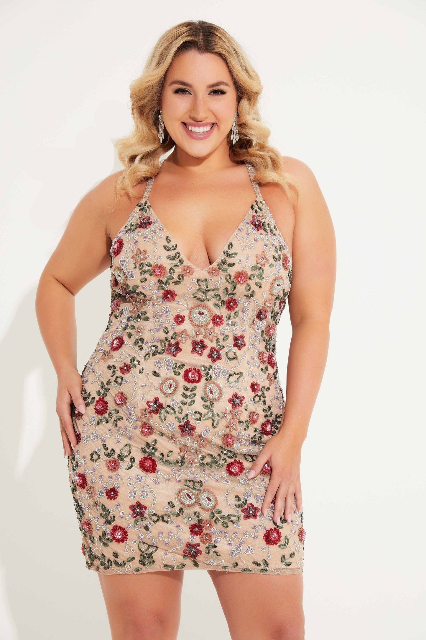 Primavera Couture 14060 Plus Size Short Fitted Floral Cocktail Dress