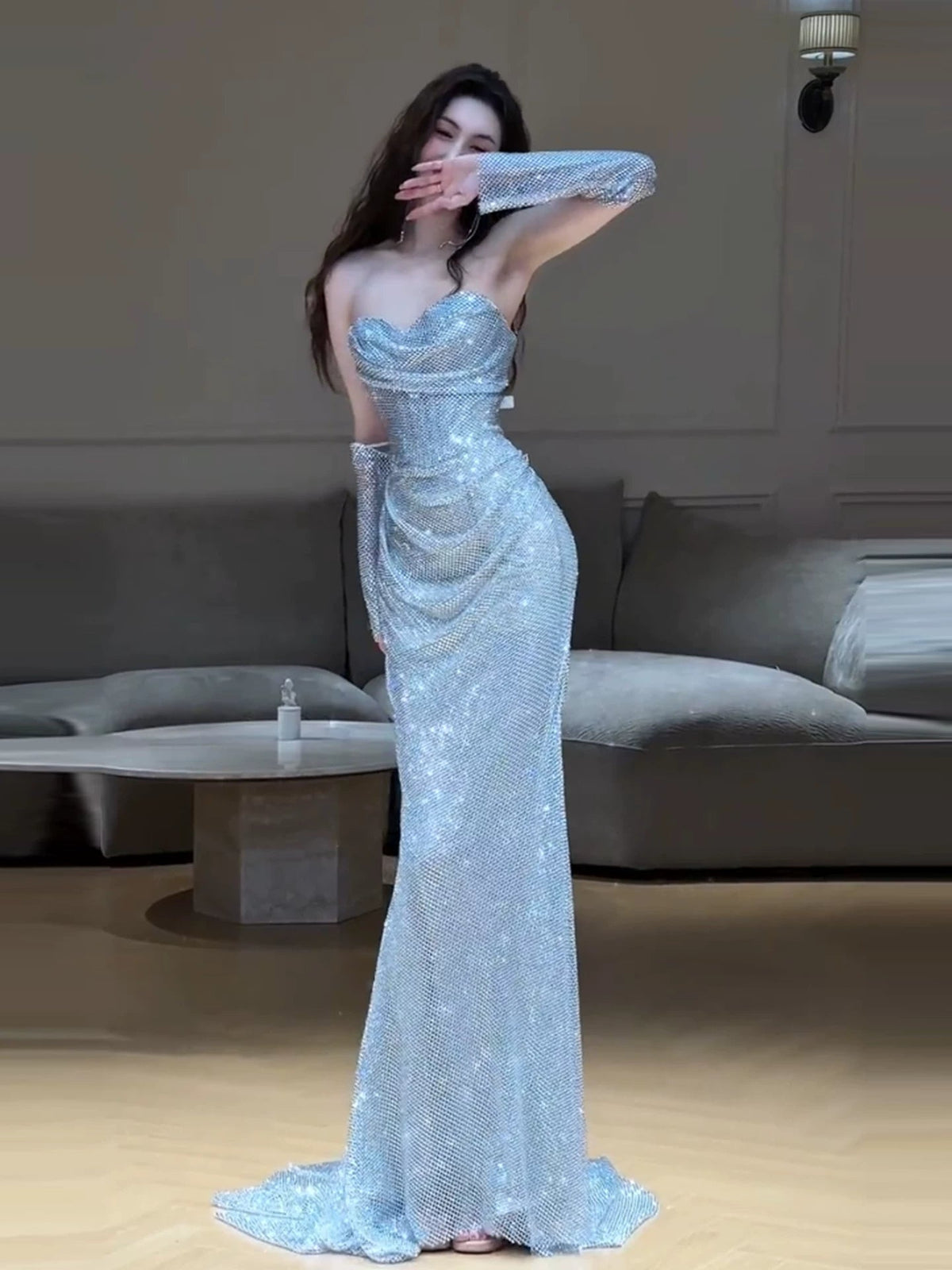 Glitter Mermaid Sweetheart Silver Gray Sequins With Gloves Prom Dresses Inspiration Long Night Outfits 18th Birthday Outfits AB2223
