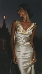 Sexy Backless Satin Sheath Cowl Neck Prom Dress Long Evening Dress AB1916