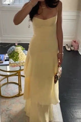 Charming Mermaid Spaghetti Straps Yellow Long Prom Dress with Ruffles Birthday Outfits AB2309