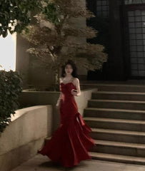 Romantic Mermaid Spaghetti Strap Burgundy Satin With Pleated Formal Dress Long Prom Dresses N2824