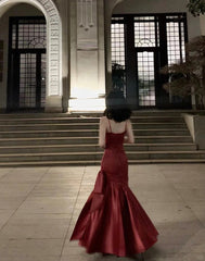 Romantic Mermaid Spaghetti Strap Burgundy Satin With Pleated Formal Dress Long Prom Dresses N2824