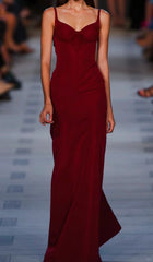 Romantic Mermaid Spaghetti Strap Burgundy Satin Formal Dress Long Prom Dresses N2825