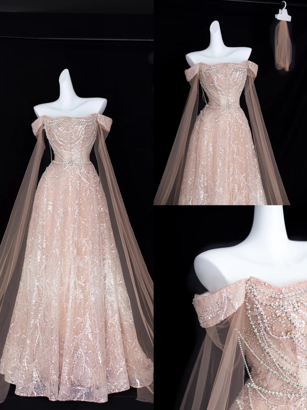 Elegant A Line Off The Shoulder Blush Pink With Short Sleeves Formal Dress Sequin Birthday Prom Dresses N2828