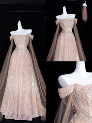 Elegant A Line Off The Shoulder Blush Pink With Short Sleeves Formal Dress Sequin Birthday Prom Dresses N2828