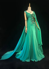 Elegant Mermaid One Shoulder Green Chiffon With Silver Beaded Bodice Formal Dress Long Prom Dresses N2726