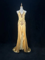 Modest Senior Prom Dresses High Schools Inspiration A Line Halter Yellow Semi Formal Grad Long Prom Dresses For Teens AB2153
