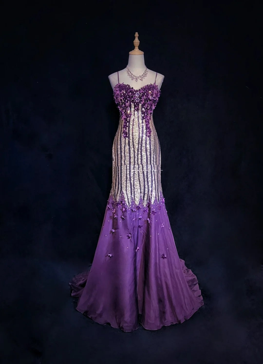 Glitter Prom Dresses Mermaid Spaghetti Strap Purple Chiffon With Flowers Long Formal Evening Dress N3893