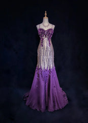 Glitter Prom Dresses Mermaid Spaghetti Strap Purple Chiffon With Flowers Long Formal Evening Dress N3893