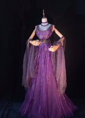 Modest Prom Dresses A line V Neckline Grape Tulle Sequined With Cape Long Evening Outfits N3447