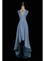 Vintage Classy Prom Dresses High Low Light Blue V Neck Lace Satin With Ruffled Evening Long Dress N3299