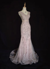 Vintage Prom Dresses Mermaid V Neck Pink Lace 80s Long Formal Evening Outfits N3875