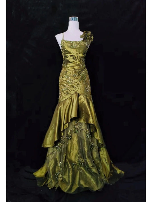 Vintage Classy Prom Dresses Mermaid Spaghetti Strap Olive Green Satin With Lace Beading Evening Long Dress N3294