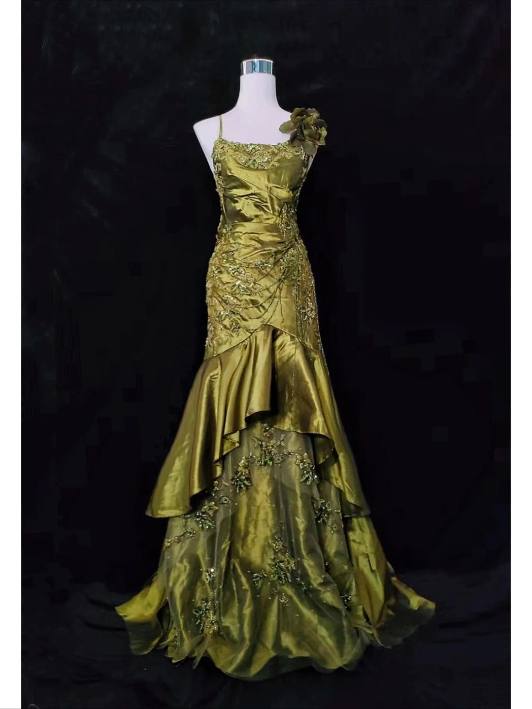 Vintage Classy Prom Dresses Mermaid Spaghetti Strap Olive Green Satin With Lace Beading Evening Long Dress N3294
